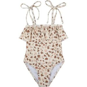 Zando Toddler 2-3T Khaki Flowers Swimsuit Girl Cute Ruffle Adjustable Bathing